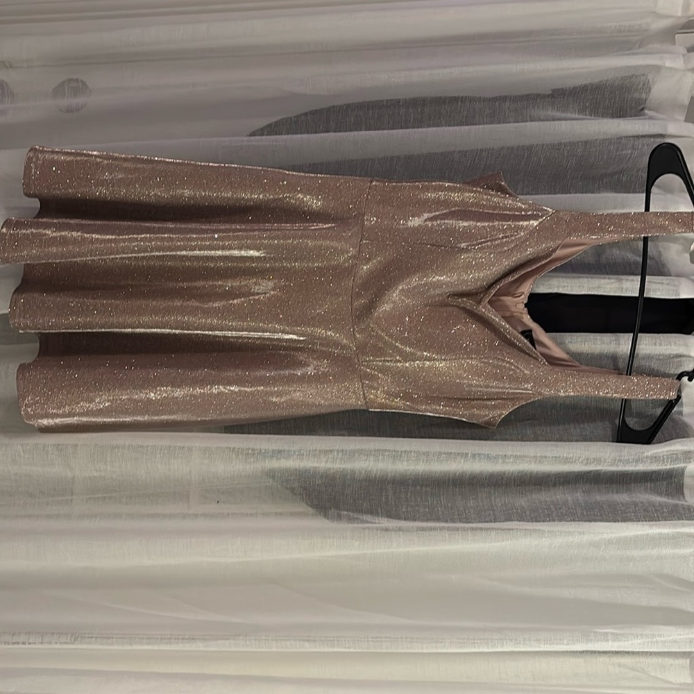 Rose gold glittering short prom/formal dress with hidden pockets.